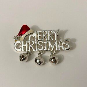 Vintage Merry Christmas Brooch Jingle Bells Pin